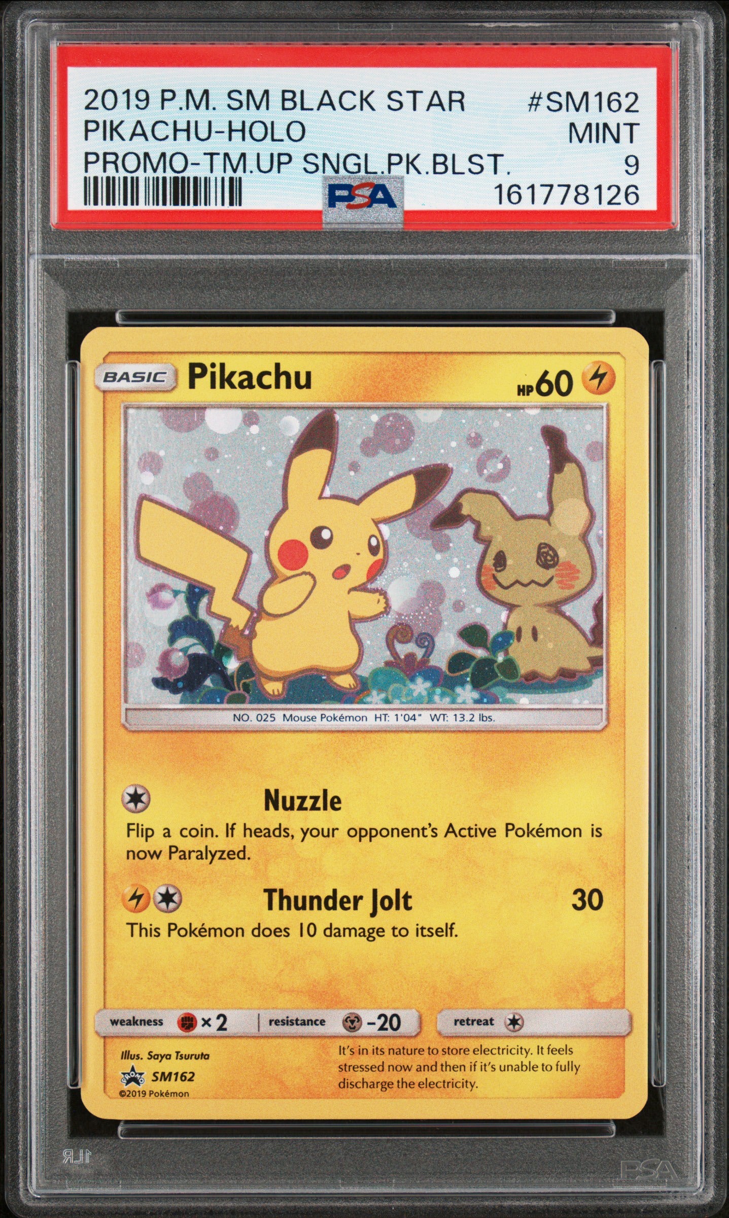 Pokémon Pikachu Holo Promo #SM162 (2019) – PSA 9 Mint | Sun & Moon Black Star Promo (Team Up Blister)