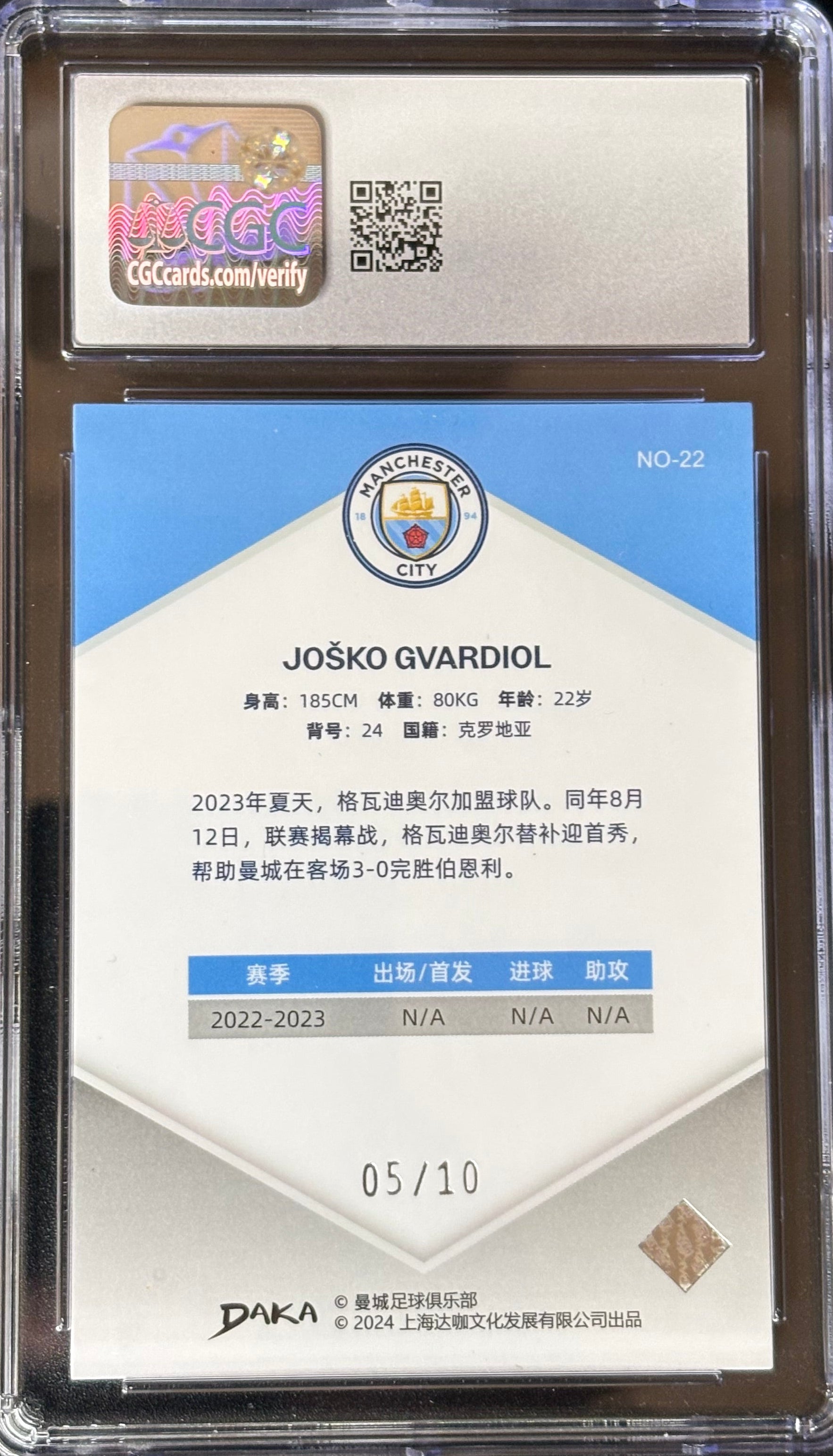 Joško Gvardiol Gold Refractive Karte #22 – Manchester City – DAKA Holocene 05/10 – CGC GEM MINT 10