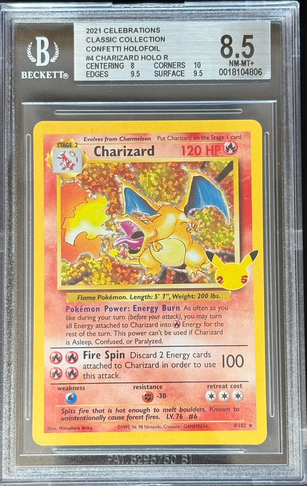 2021 Pokemon Celebrations Classic Collection Charizard Holo #4 – BGS 8.5 NM-MT+ (Subgrades)