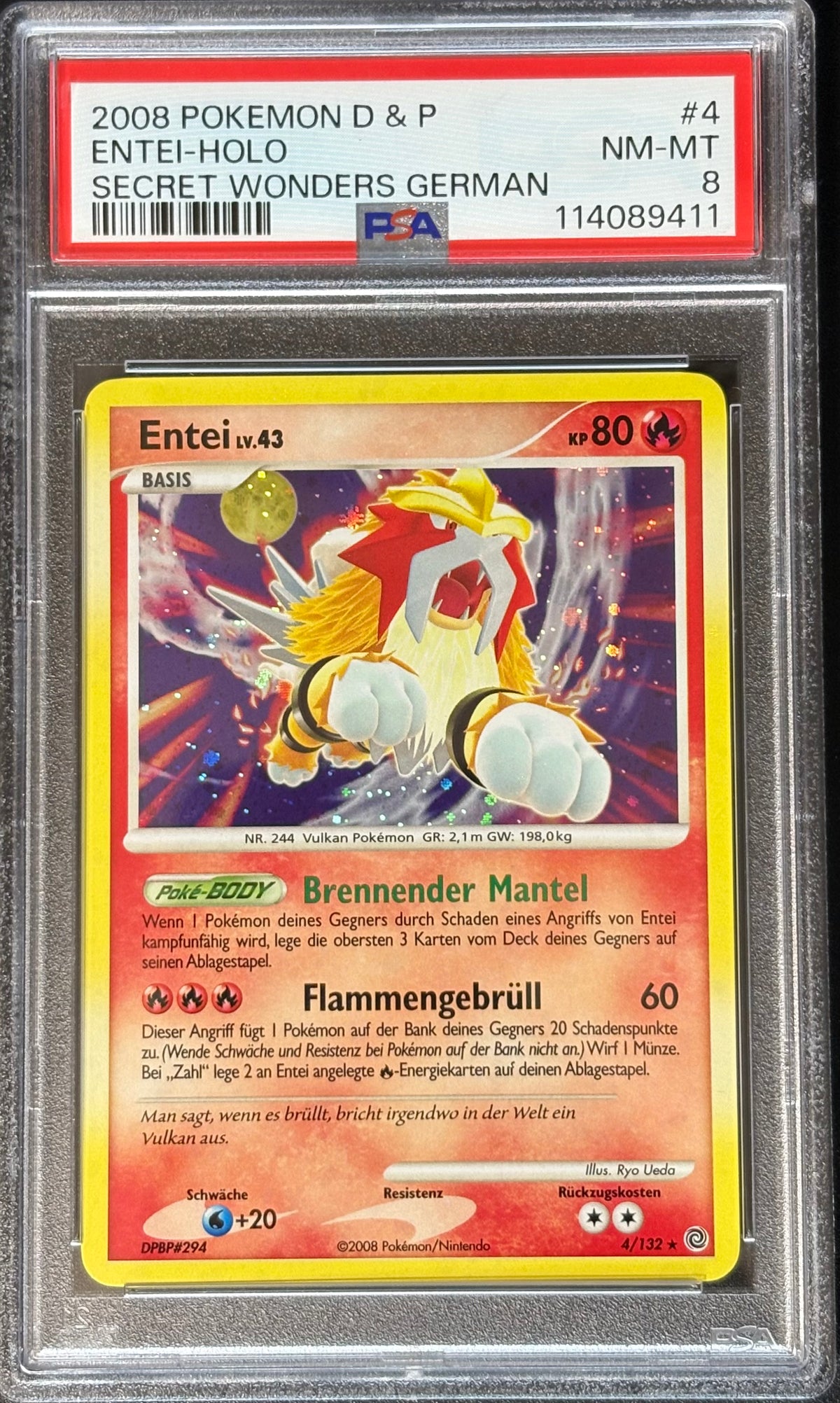 2008 Pokemon Diamond & Pearl Rätselhafte Wunder Entei Holo #4 (Deutsch) – PSA 8 Near Mint-Mint