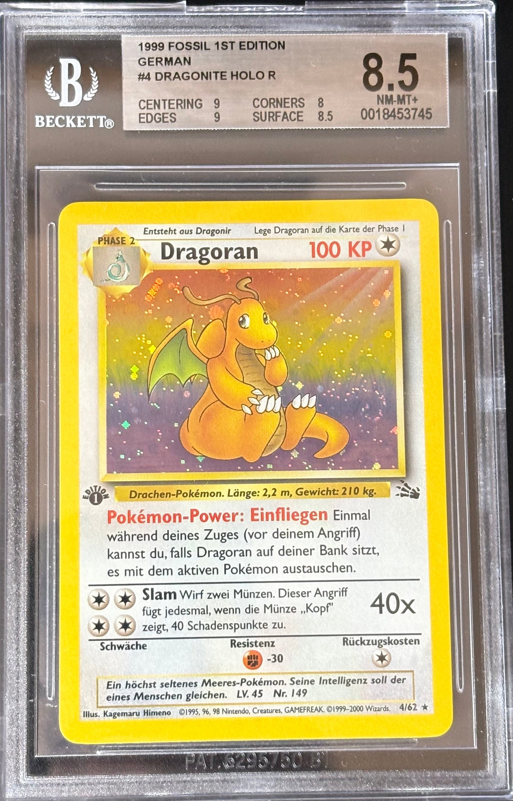 Dragoran Holo 1st Edition – Fossil #4/62 – Deutsch – Beckett 8.5 – Pokémon 1999 Vintage
