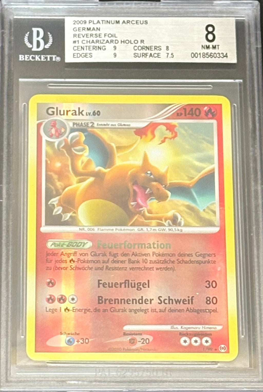 2009 Pokémon Platinum Arceus – Glurak (Charizard) German Reverse Foil | BGS 8 | Seltene Deutsch‑Version