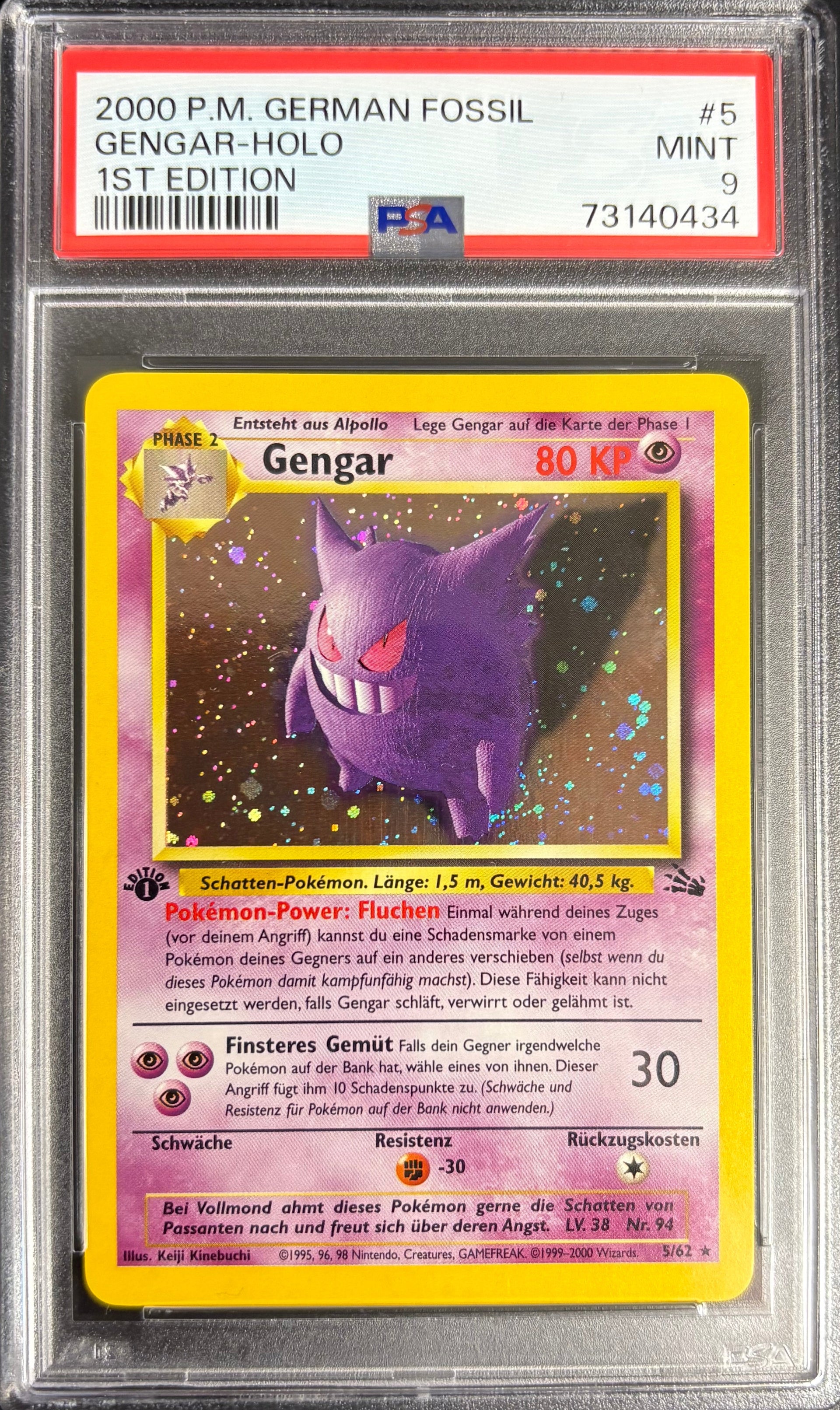 Gengar Holo 1st Edition 2000 P.M. German Fossil [PSA 9] Pop 21   Slabdealer.ch