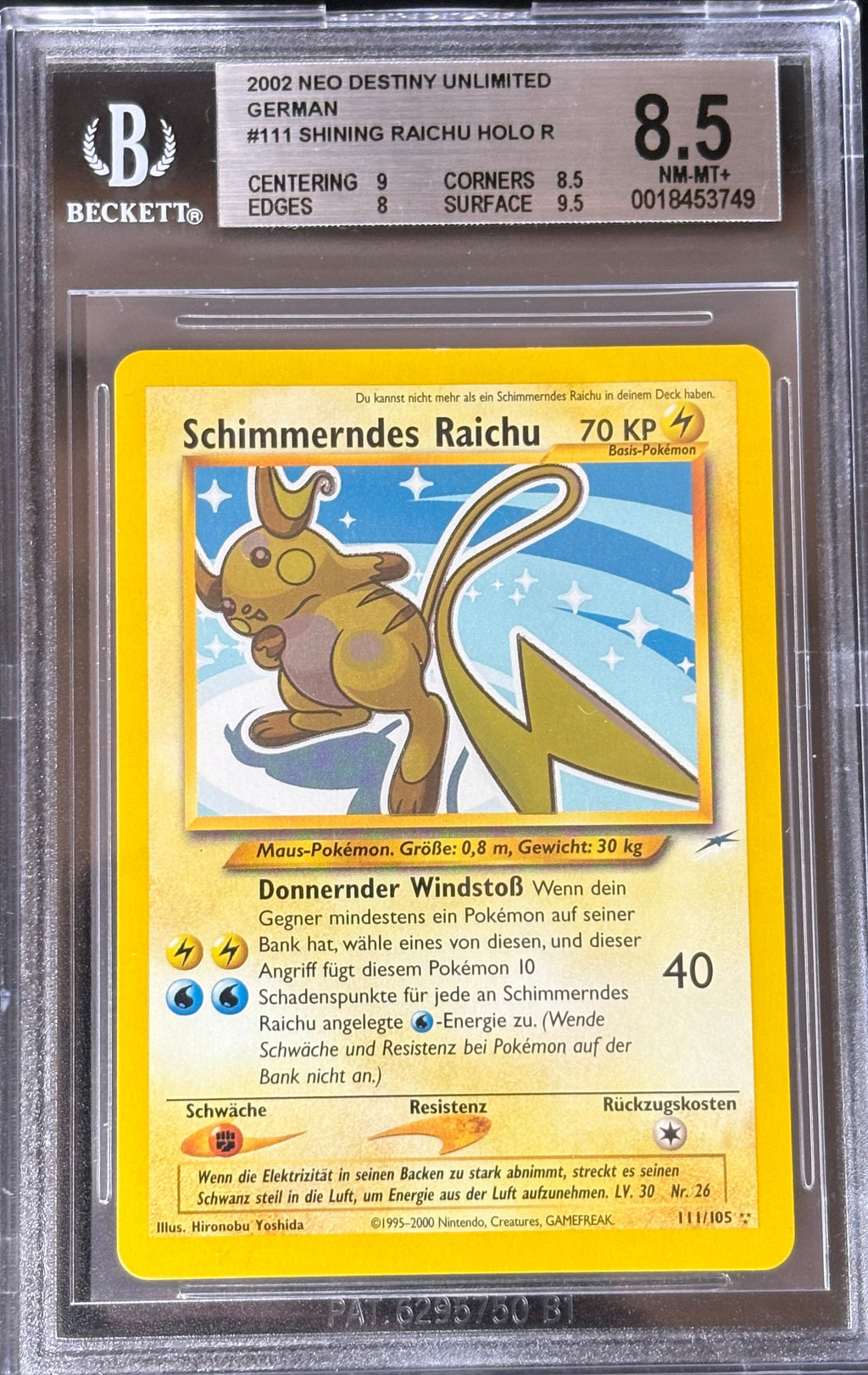 Schimmerndes Raichu Holo R – Neo Destiny #111/105 – Deutsch – Beckett 8.5 – Pokémon 2002