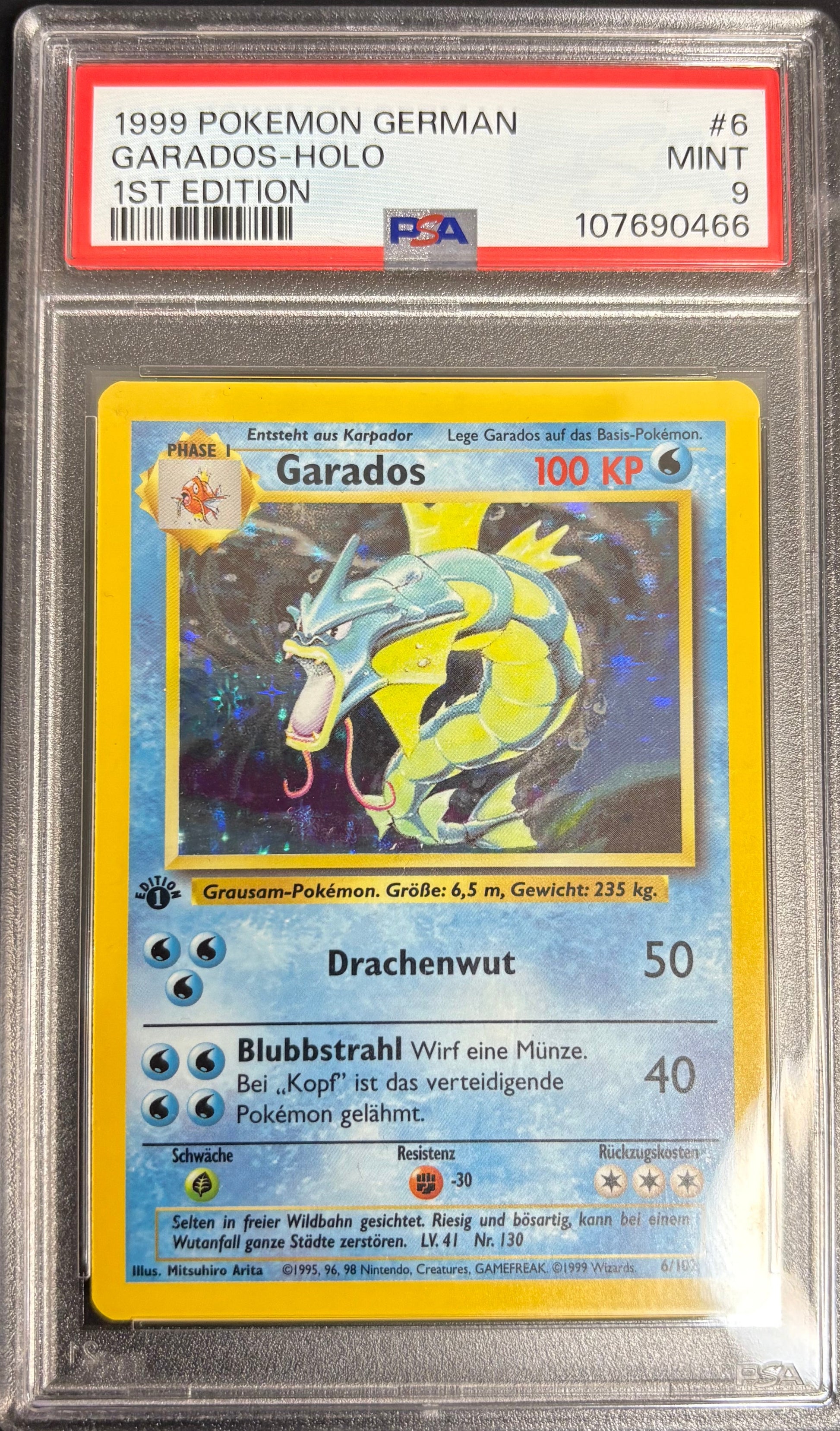 german first edition pokemon cards Gyarados Holo 1st Edition German 1999 – PSA 9